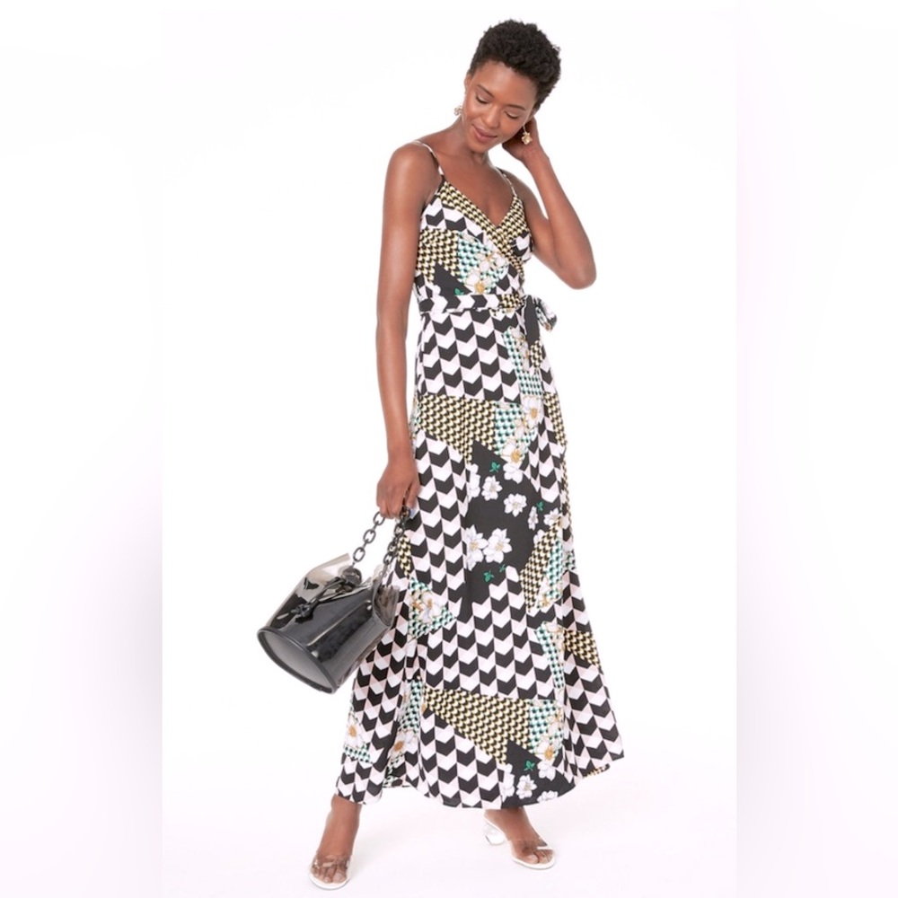Bar Geometric Floral Black White Pink Green Yellow True Wrap Sleeveless Dress